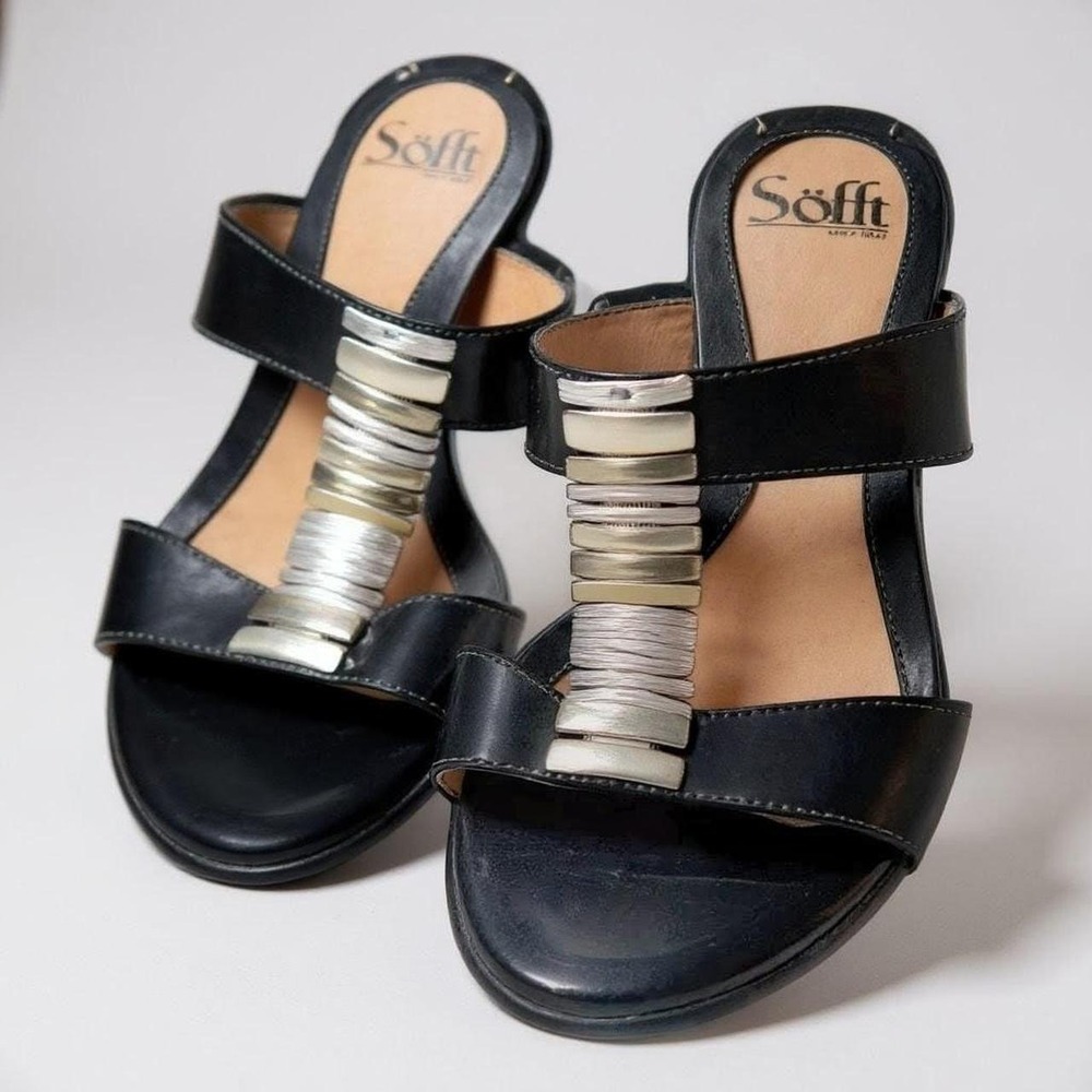 Size 8.5 Sofft Heeled Slide Sandals Black Leather Metallic Bar Block Heel